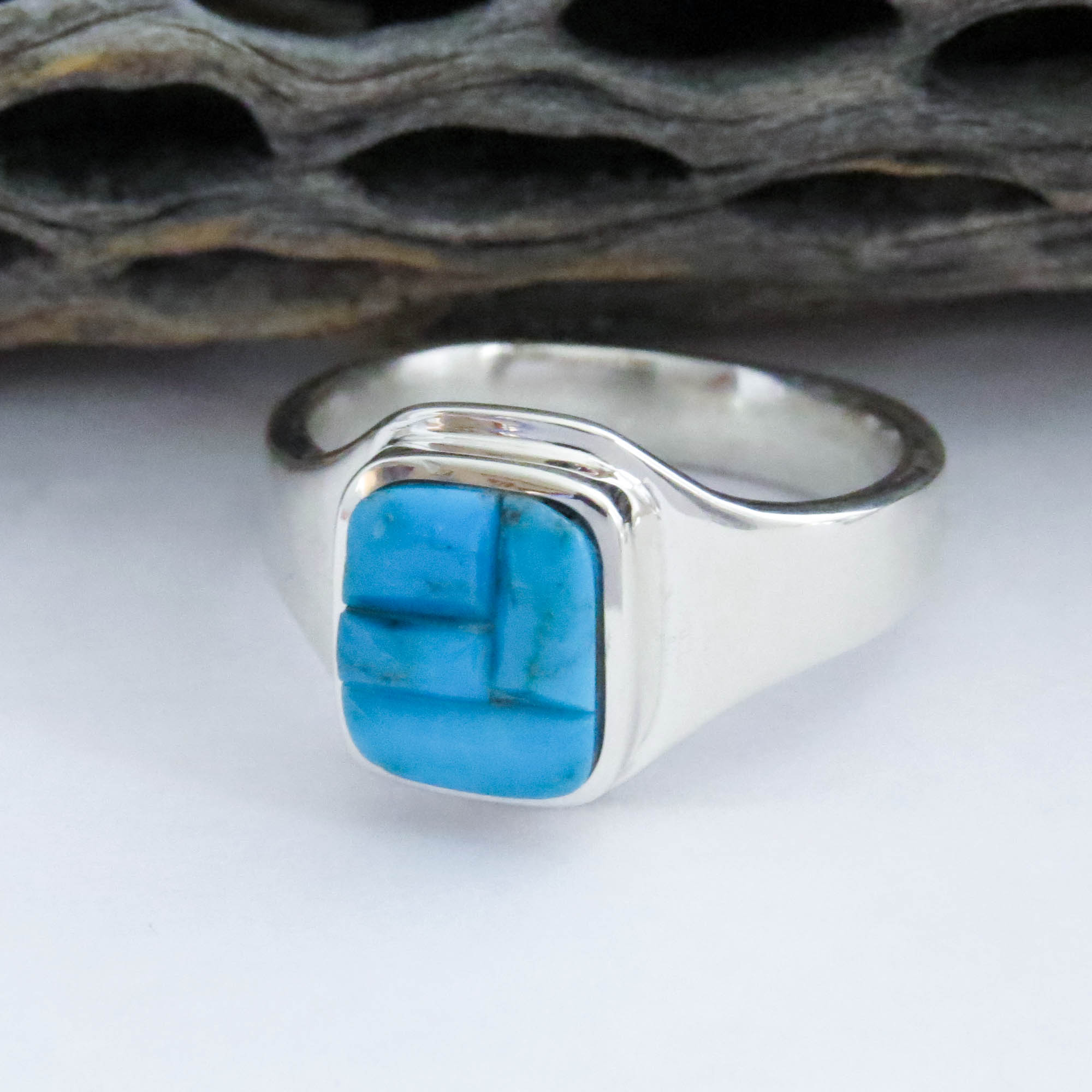 Navajo Inlay Kingman Turquoise  and  Sterling Silver Ring Sz 10