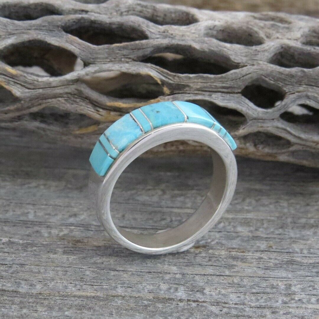 Native American Navajo Sterling Silver Turquoise Inlay Ring Size   1301 